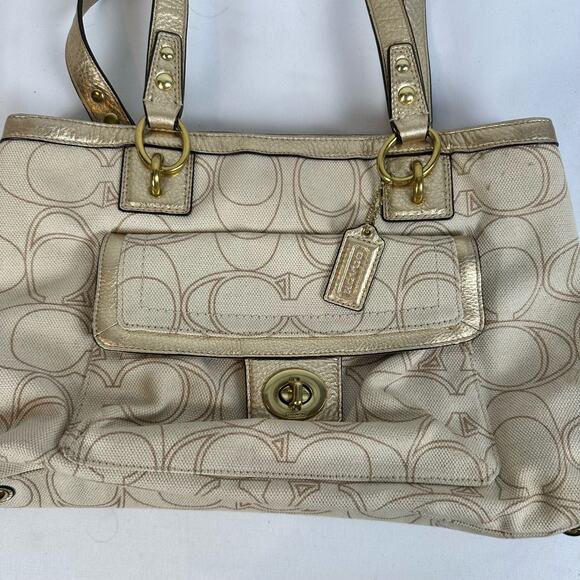 Coach Penelope Carryall Signature Beige and Gold Linen Handbag - Picture 2 of 14